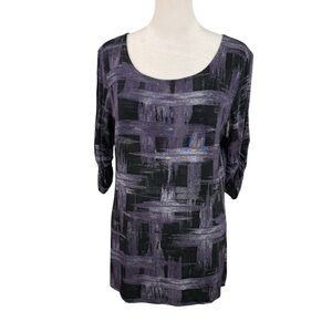 Chico's Travelers 1 M/8 Top Scoop Neck Black Purple Paintbrush Plaid Slinky